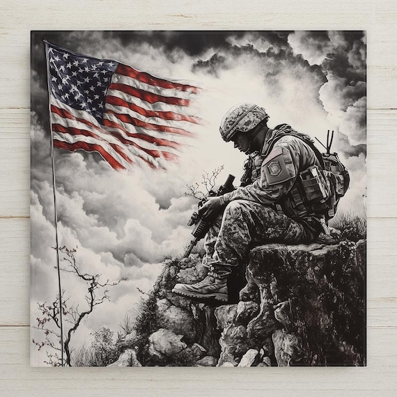 Mourning Soldier Ceramic Tile Art: Patriotic Military Remembrance