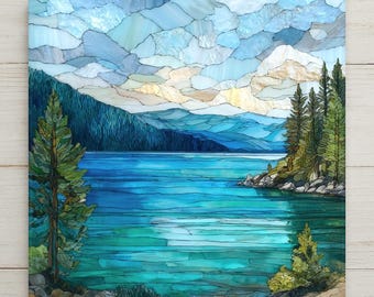 Arte mural de azulejos de cerámica del lago Tahoe: paisaje de lago azul alpino, decoración de lago de montaña, arte mural natural estilo mosaico