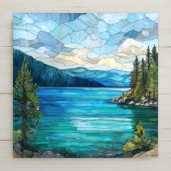 Lake Tahoe Ceramic Tile Wall Art – Alpine Blue Lake Landscape, Mountain Lake Decor, Mosaic Style Nature Wall Art