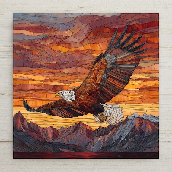 Bald Eagle Ceramic Tile Wall Art – Stained Glass Style Mountain Sunset Design, Nature Home Decor, Wildlife Wall Decor, Rustic Cabin Gift