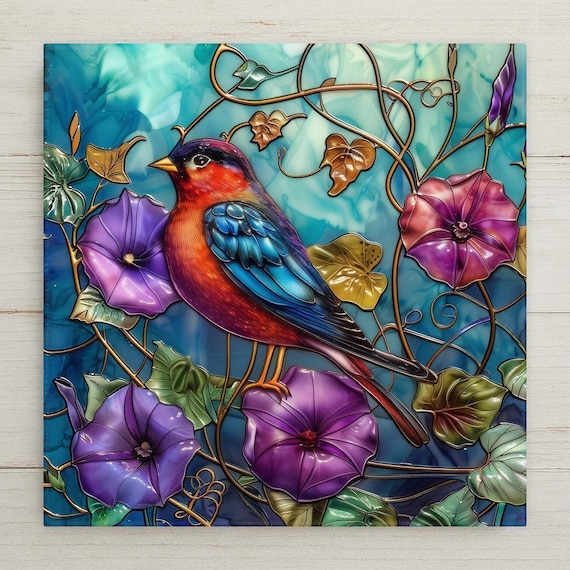 Stained Glass Inspired Red Robin Ceramic Tile Art: Colorful Bird Wall Decor for Nature Lovers Wall Art Home Decor
