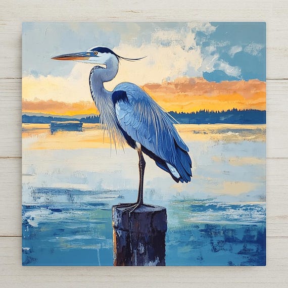 Audubon-Inspired Great Blue Heron Ceramic Tile: Coastal Wildlife Art, Wall Decor, Trivet, Gift for Bird Lovers