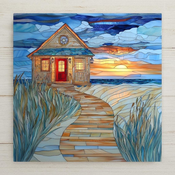 Vibrant Stained Glass Sunset Beach Cottage Tile - Coastal Wall Art for Ocean Home Decor