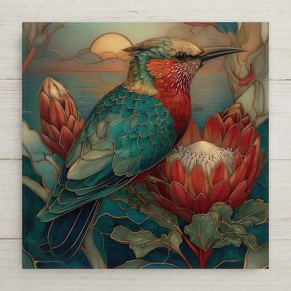Protea Flower Hummingbird Wall Art Ceramic Tile – Botanical Wall Decor Home Decor – Stained Glass Floral Bird Coastal Nature Art