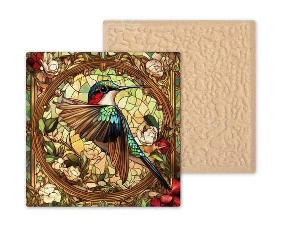 Art Nouveau Hummingbird Tile: Mucha-Inspired Stained Glass Ceramic Wall Decor, Trivet, Coaster
