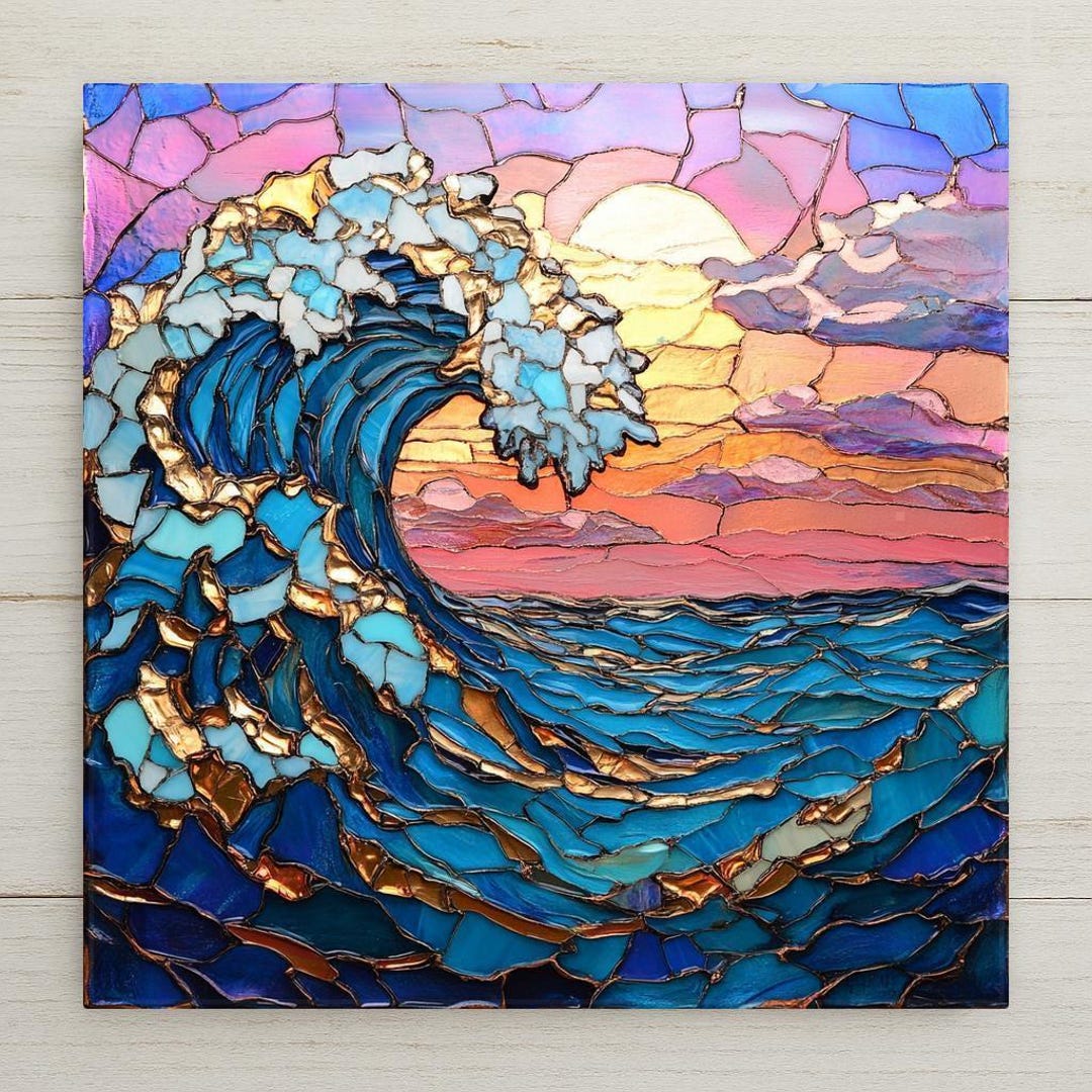 Ocean Wave Sunset Wall Art Ceramic Tile Coastal Gift Stained Glass ...