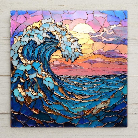 Ocean Wave Ceramic Tile Art: Coastal Sunset Stained Glass Style