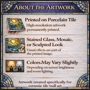 The image is a poster or informational graphic about artwork, featuring three different types of artwork: printed on porcelain tile, stained glass, and stained glass mosaic or sculpture.