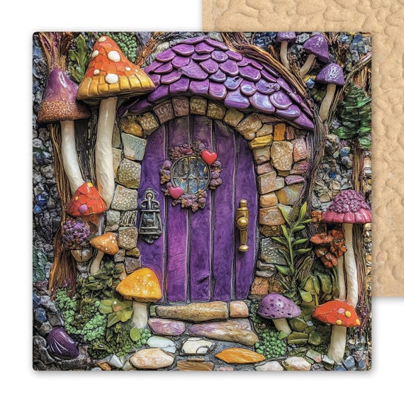 Mosaic Style Print Fairy House Ceramic Tile Art – Whimsical Fantasy Wall Decor Cottagecore Fairycore Gift for Her Enchanted Home Decoration