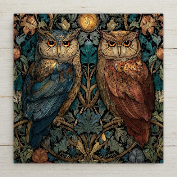 Stained Glass Style Owl Ceramic Tile Art: Moonlit Forest Decor