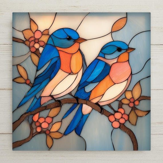 Bluebird Pair Ceramic Tile Wall Art – Stained Glass Style Bird Decor, Nature Wall Decor, Meaningful Home Decor Gift