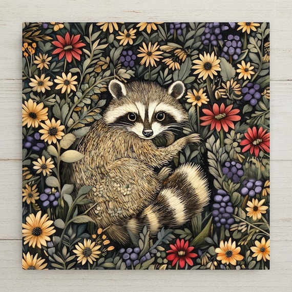 Art Nouveau Woodland Raccoon Ceramic Tile - William Morris Inspired Wall Decor, Floral Trivet Coaster