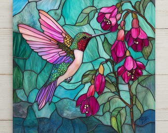 Stained Glass-Inspired Hummingbird Ceramic Tile - Handmade Pink Teal Floral Wall Art for Spring Decor