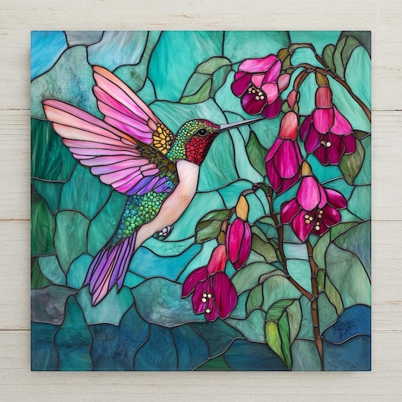 Stained Glass-Inspired Hummingbird Ceramic Tile - Handmade Pink Teal Floral Wall Art for Spring Decor