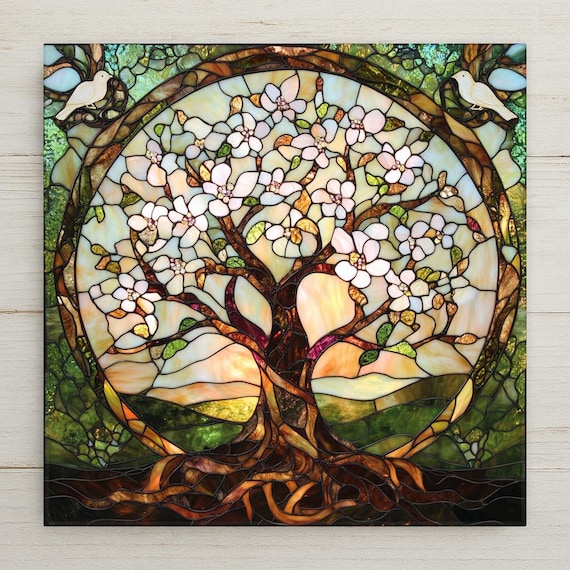 Tree of Life Ceramic Tile: Art Nouveau Spring Blossoms Wall Decor