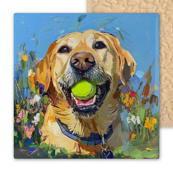 Labrador Retriever Ceramic Tile Art – Happy Yellow Lab Dog Wall Art with Tennis Ball, Bold Impasto Pet Portrait, Handmade Home Decor Gift