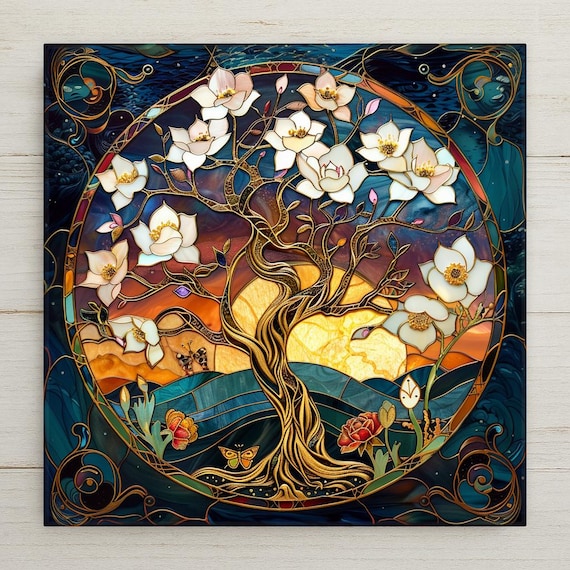 Art Nouveau Tree of Life Ceramic Tile: Sunset Stained Glass Style