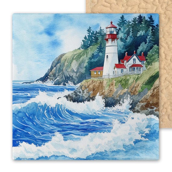 Watercolor-Inspired Heceta Head Lighthouse Ceramic Tile: Coastal Wall Art, Nautical Trivet, Beach House Decor