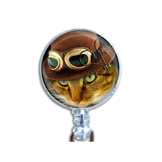 Badge Reel ID Retractable Lanyard Name Card Badge Holder Steampunk Ginger Cat With Green Eyes Brown Hat With Goggles