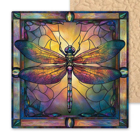 Art Nouveau Dragonfly Ceramic Tile: Tiffany-Inspired Stained Glass Wall Decor, Nature Gift