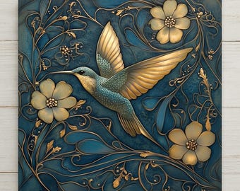 Hummingbird Ceramic Art Tile – William Morris Style, Art Nouveau Bird Lover Gift, Birdwatcher Botanical Art