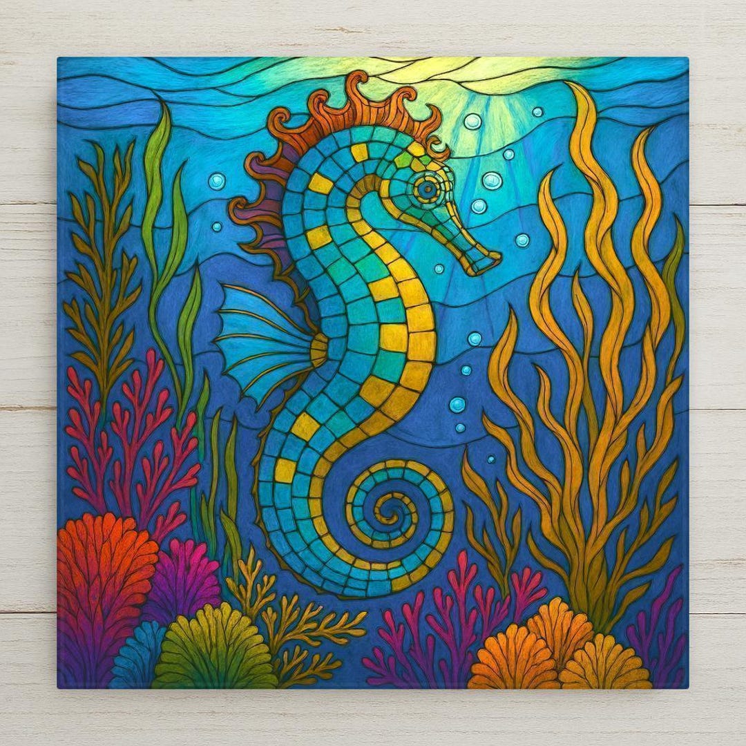 Seahorse Mosaic Style Ceramic Art Tile: Coastal Wall Decor Beach House ...