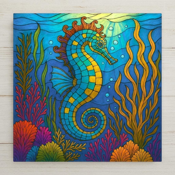 Seahorse Wall Art Ceramic Mosaic Style Tile - Ocean Marine Beach House Bathroom Decor