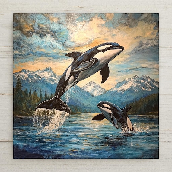 Audubon-Inspired Orca Whale Ceramic Tile Art - Ocean Wildlife Sunset Wall Decor, Trivet, Coaster Gift