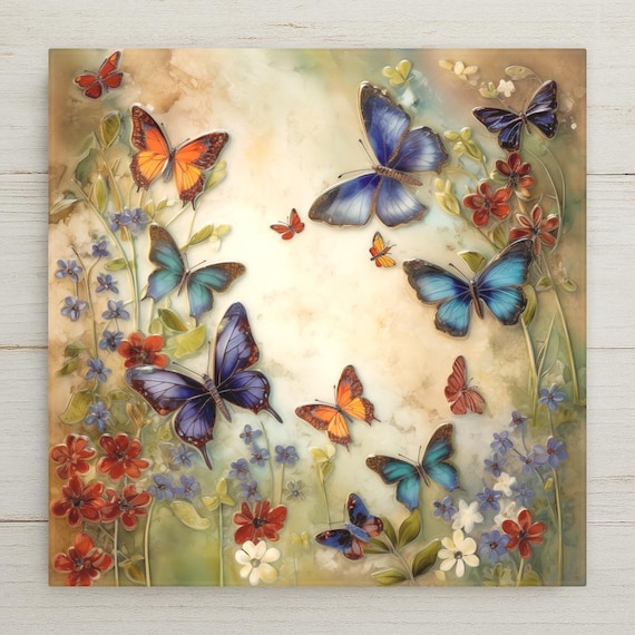 Butterfly Garden Ceramic Tile Wall Decor: Cottagecore Floral Wall Art Home Decor