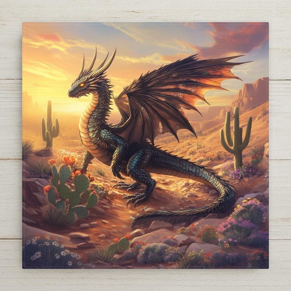 Southwestern Dragon Ceramic Tile: Fantasy Wall Art, Gothic Trivet, Desert Mythical Creature Gift