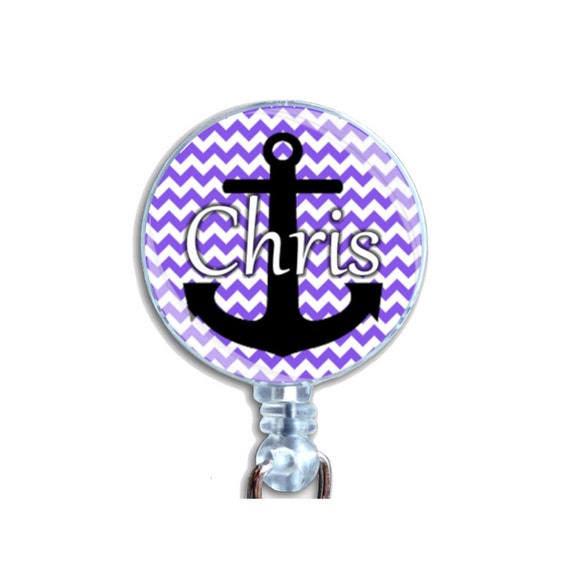 Personalized Custom Badge Reel ID Retractable Card Holder Cross Navy Ship Anchor With Purple Chevrons Just Add Name