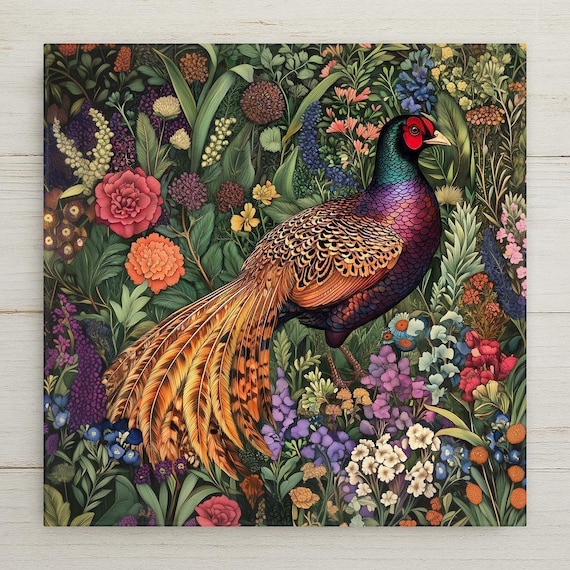 Handmade Pheasant Ceramic Tile: William Morris Inspired Botanical Wall Art for Cottagecore Home Decor