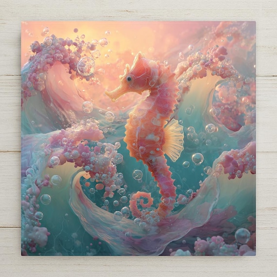 Coastal Ceramic Seahorse Tile: Stained Glass Ocean Art for Beach Cottage Bathroom Decor