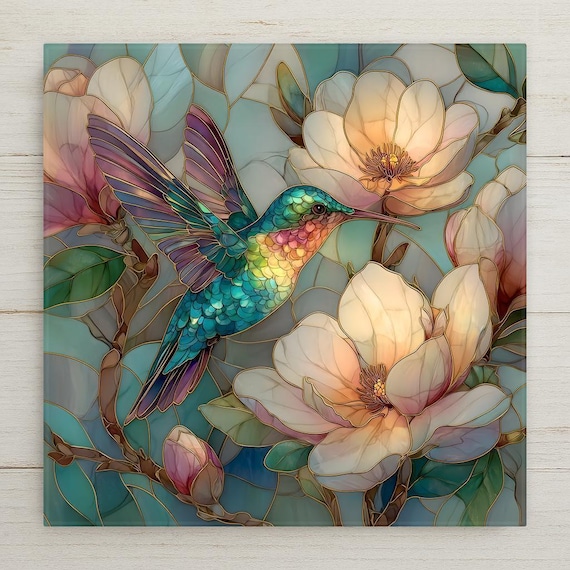 Hummingbird Magnolia Wall Art Ceramic Tile – Stained Glass Style Cottagecore Bird Decor Botanical Home Decor Gift
