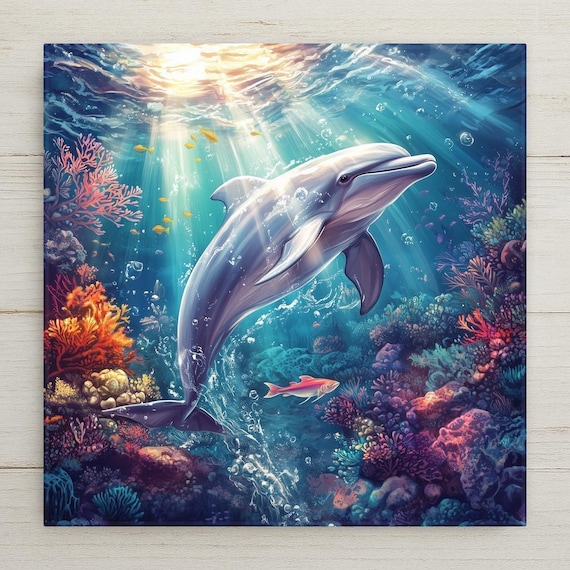 Coastal Dolphin Ceramic Tile Wall Art - Ocean-Inspired Nautical Decor for Home, Beach House, Bathroom