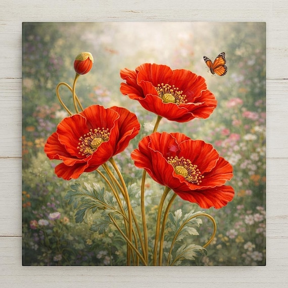 Shirley Red Poppy Wall Art Ceramic Tile – Botanical Flower Wall Decor – Garden Farmhouse Home Decor