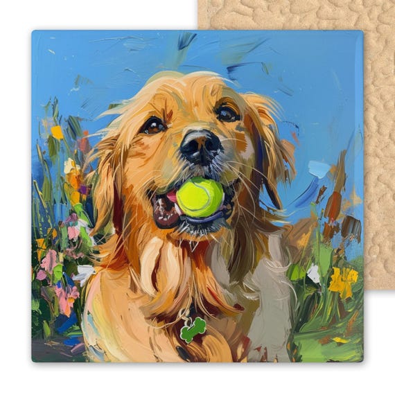 Joyful Golden Retriever Ceramic Tile - Colorful Dog Portrait with Tennis Ball and Wildflowers