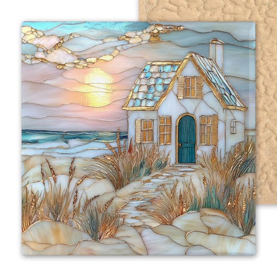 Coastal Cottage Ceramic Tile Art: Stained Glass Style Seaside Wall Decor for Beach House Kitchen or Bath