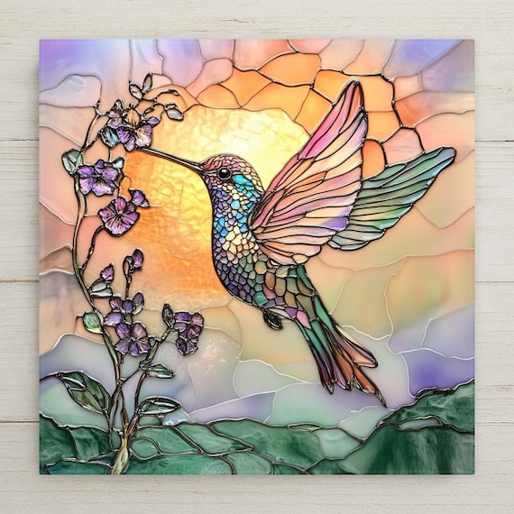 Vibrant Hummingbird Ceramic Tile: Stained Glass Inspired Wall Art for Nature Enthusiasts