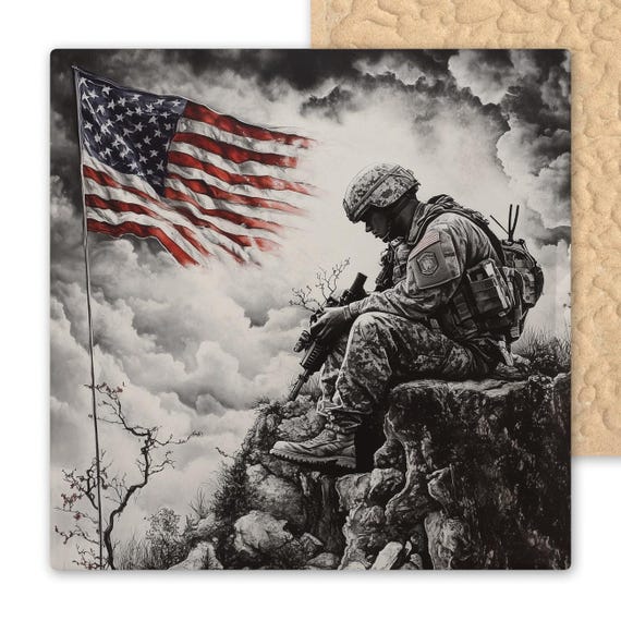 Patriotic Mourning Soldier Ceramic Tile Art: Veterans Memorial Day Tribute, Military Remembrance Wall Decor