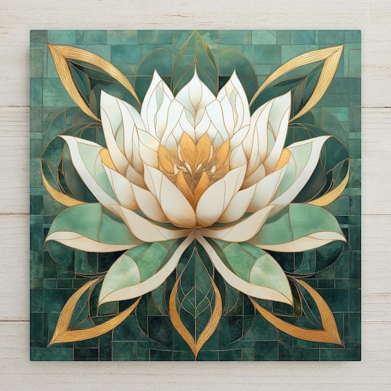 Art Nouveau Lotus Flower Ceramic Tile: Jade Green & Gold Decor