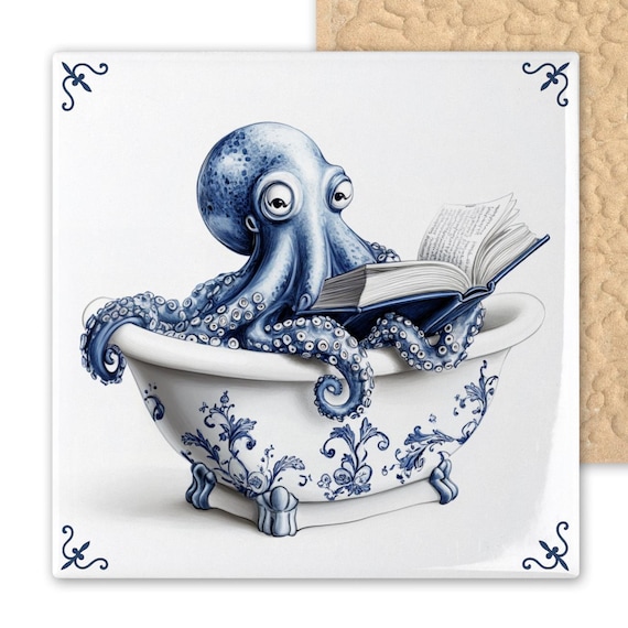 Whimsical Blue Delft Tile: Octopus Reading in Bathtub - Nautical Bathroom Wall Art