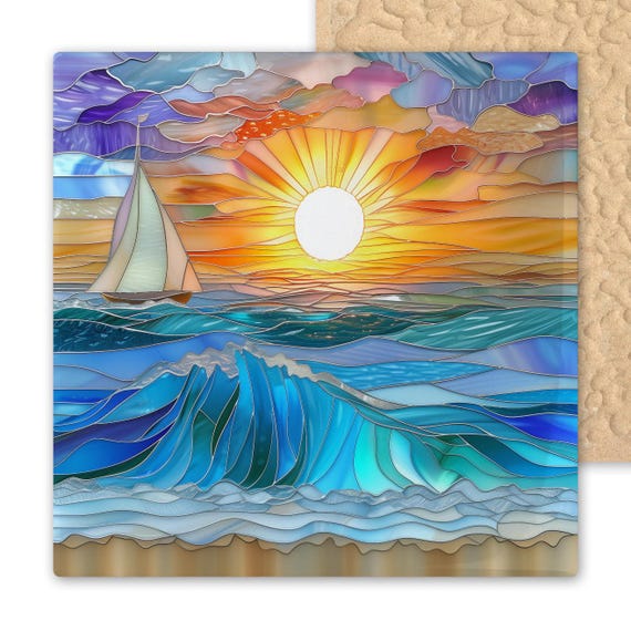 Sunset Ocean Waves Sailboat Ceramic Tile Art – Vibrant Orange and Aqua Stained Glass Print – Nautical Beach Wall Art for Coastal Decor