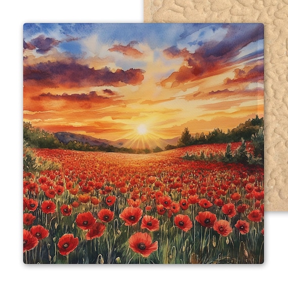 Field of Red Poppies Ceramic Tile Art – Vibrant Sunset Floral Wall Decor – Handmade Nature Gift – Cottagecore Botanical Home Decoration