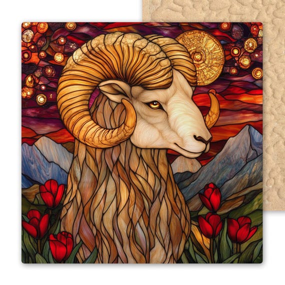 Aries Zodiac Ceramic Tile: Stained Glass Ram Wall Art, Astrology Home Decor, April Birthday Fire Sign Gift