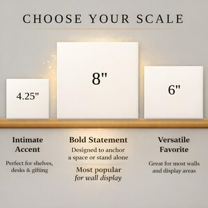 three different sizes of square artworks, each with a corresponding description.