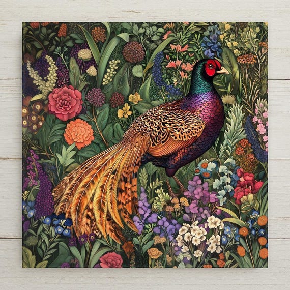 Handmade Pheasant Ceramic Tile: William Morris Inspired Botanical Wall Art for Cottagecore Home Decor