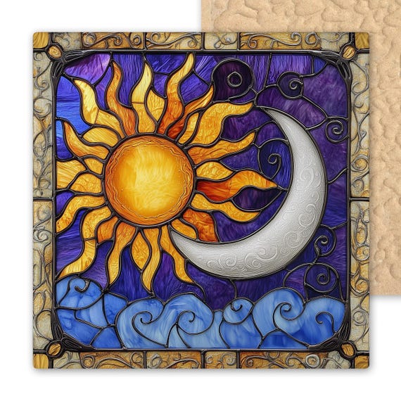 Celestial Ceramic Tile Art – Vibrant Sun and Moon Wall Decor – Stained Glass Style Cosmic Symbolism – Handmade Spiritual Gift Tile