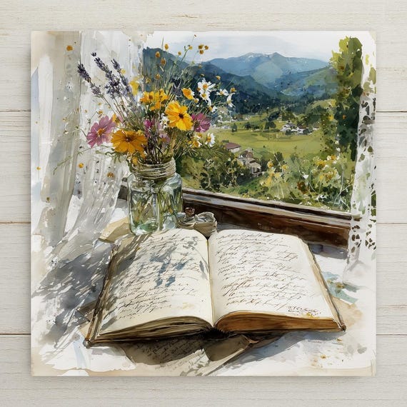 Book and Wildflowers Ceramic Art Tile: Cottagecore Bookshelf Book Nook Wall Decor Gift for Her Garden Reader Home Decor