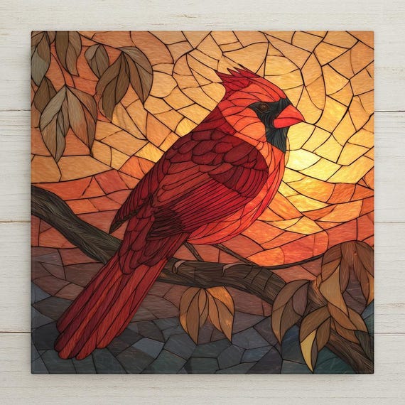 Red Cardinal Ceramic Tile Wall Art – Stained Glass Style Bird Wall Decor, Nature Home Decor, Rustic Cottage Gift